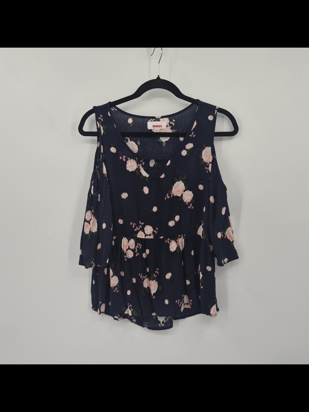 BONGO Boho Cold Shoulder Women’s Large Blue Floral Bell Sleeve Blouse